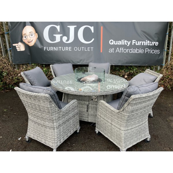 150cm Round Rattan Firepit Table and 6 Luxury Chairs and Cushions.